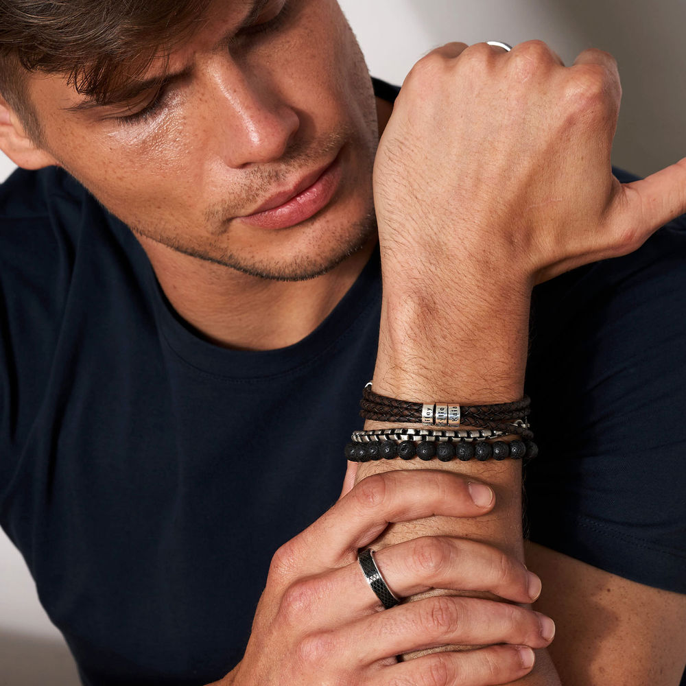 ナビゲーターブレイドブラウンレザーブレスレット（シルバーのカスタムビーズ付き）男性用 - 7