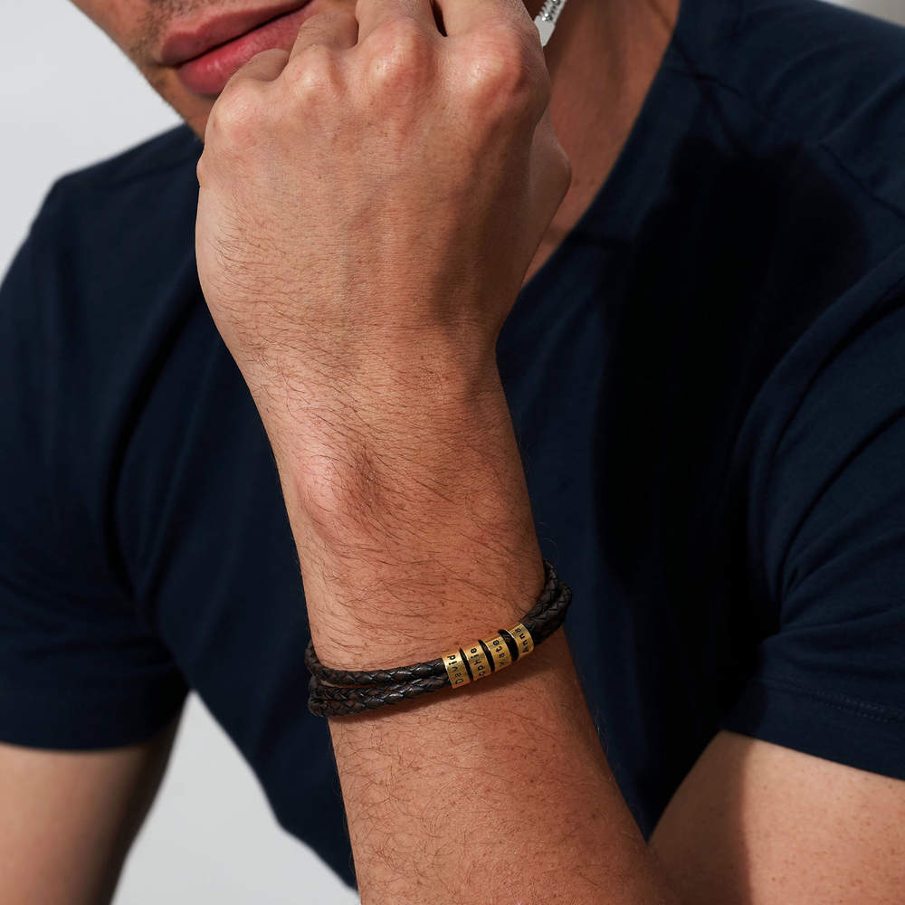 ナビゲーターブレイド ブラウン レザー ブレスレット メンズ カスタム ビーズ付き 18K ゴールド ヴェルメイユ - 2