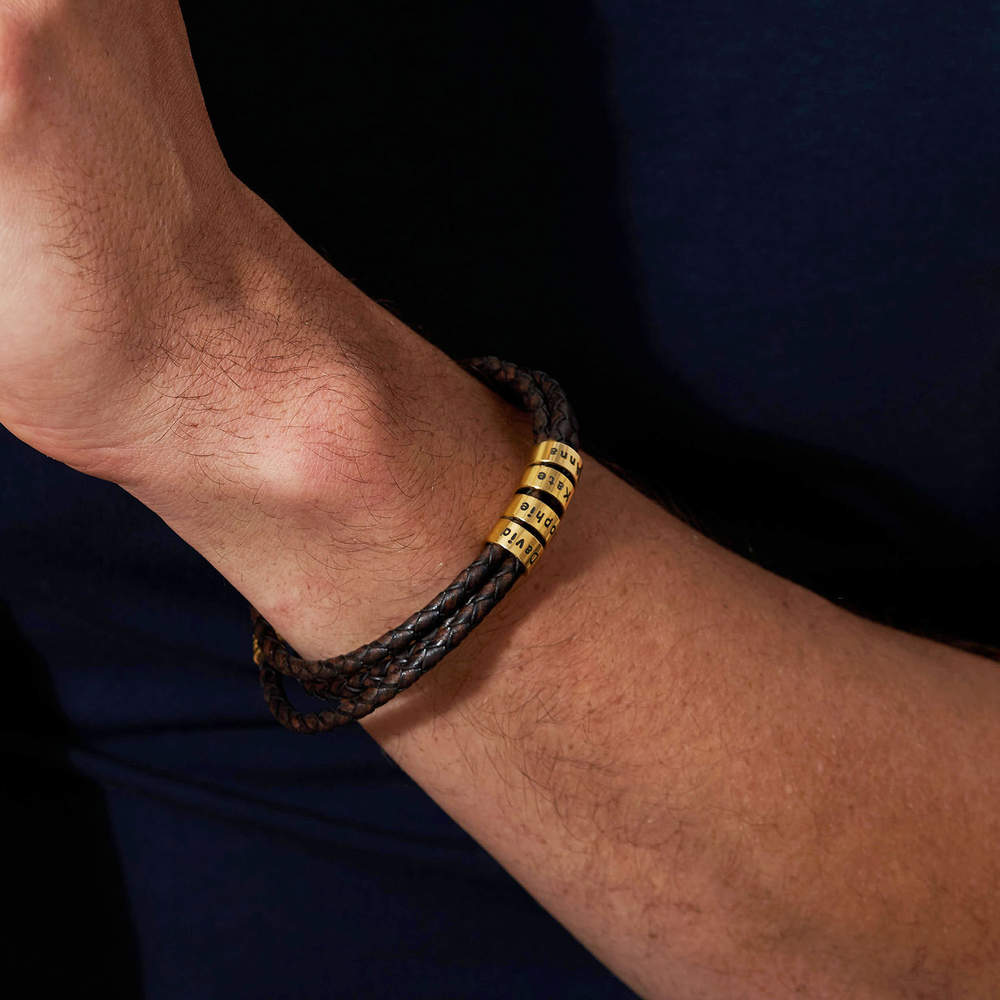 ナビゲーターブレイド ブラウン レザー ブレスレット メンズ カスタム ビーズ付き 18K ゴールド ヴェルメイユ - 3