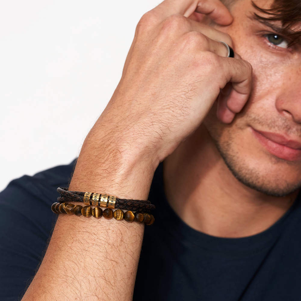 ナビゲーターブレイド ブラウン レザー ブレスレット メンズ カスタム ビーズ付き 18K ゴールド ヴェルメイユ - 4